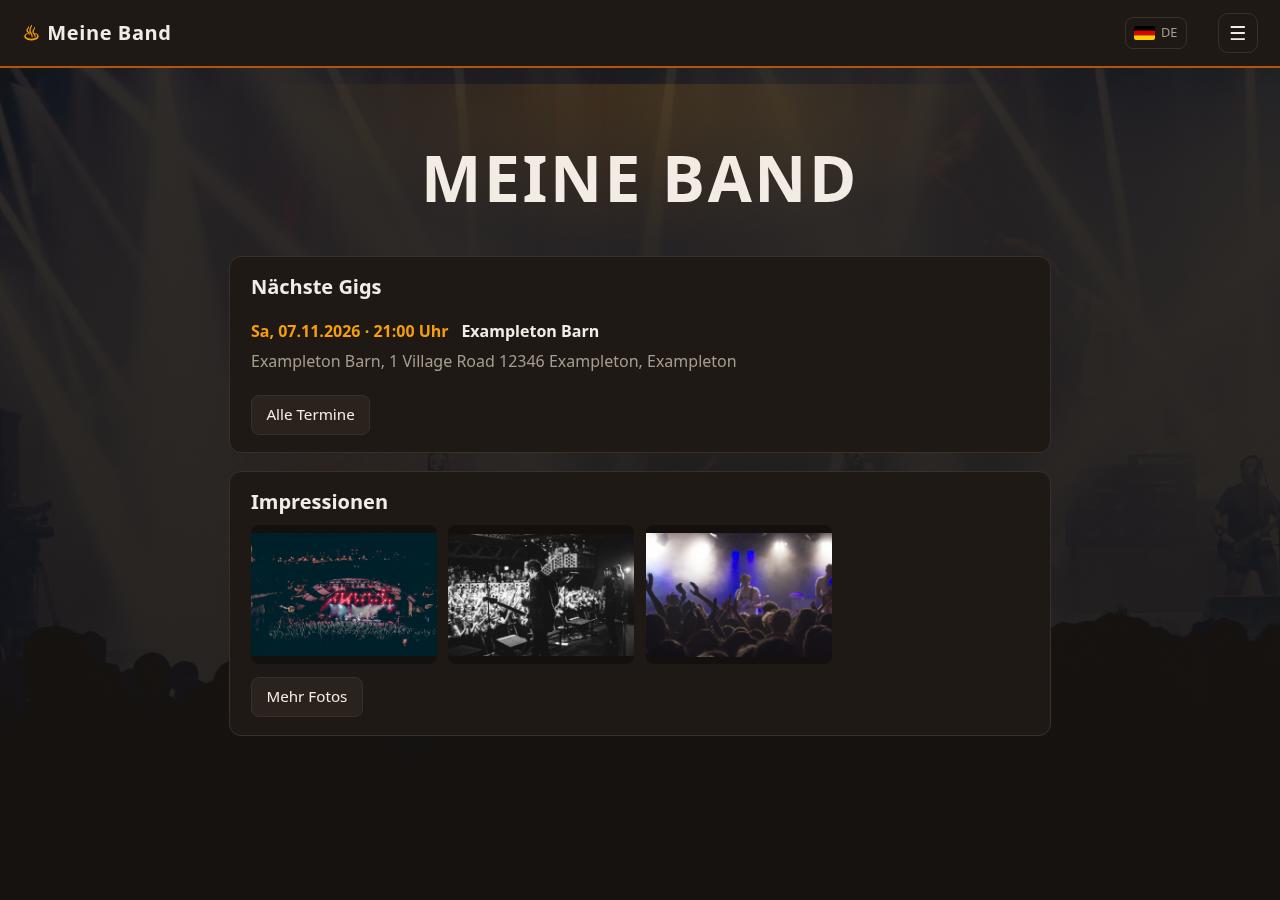 Öffentliche Bandseite mit kommenden Terminen und Fotogalerie
