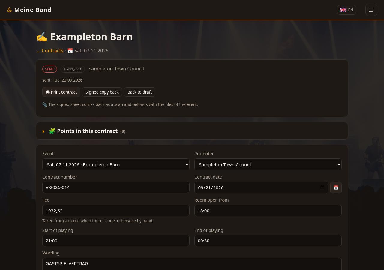 Performance contract with promoter, fee and wording that no longer changes