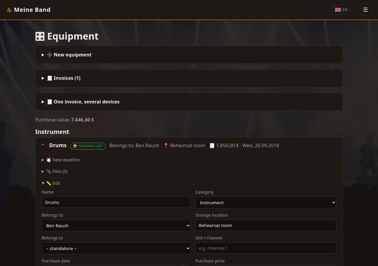 Equipment list with nested items and deadlines