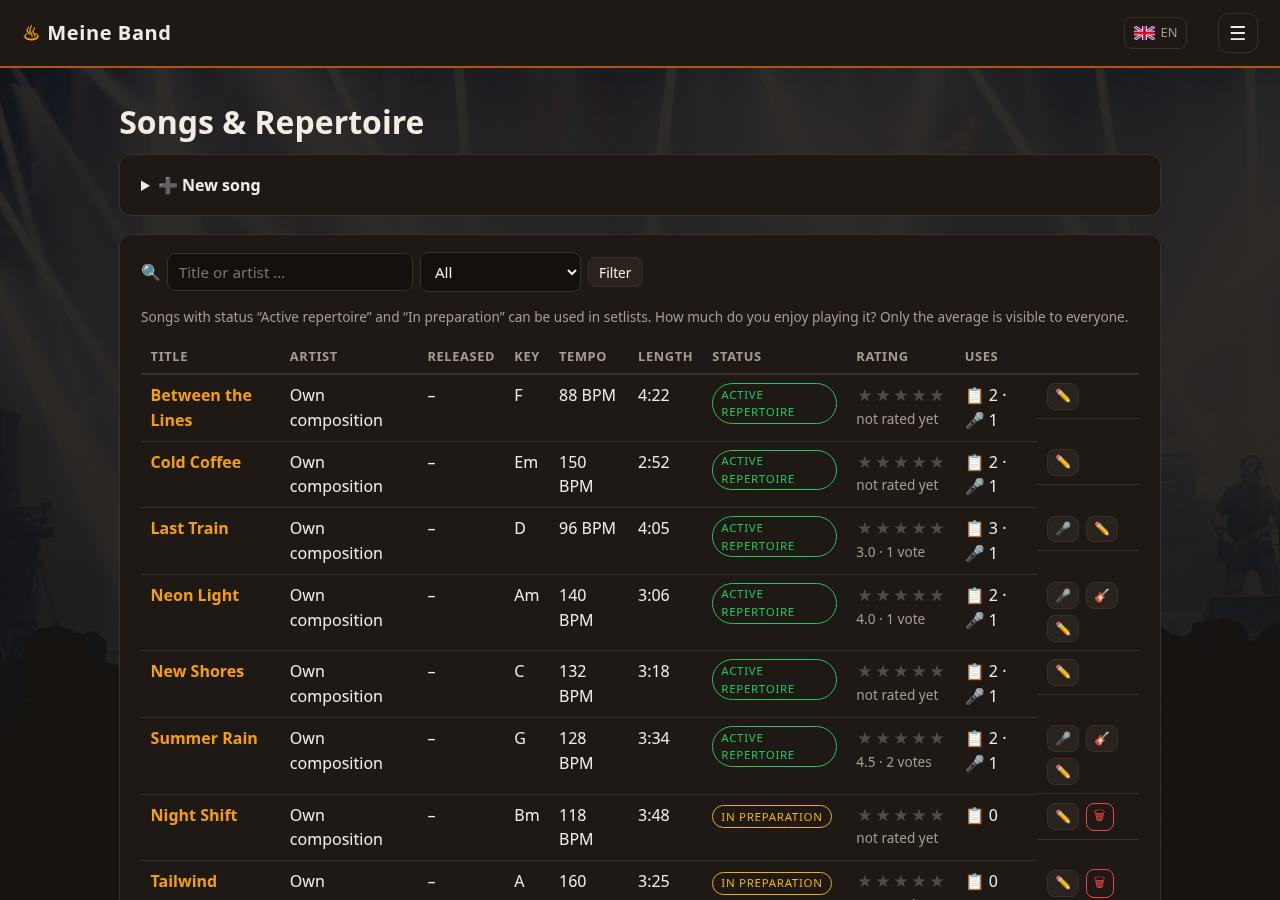 Song list with search box, status filter, live counter and rating