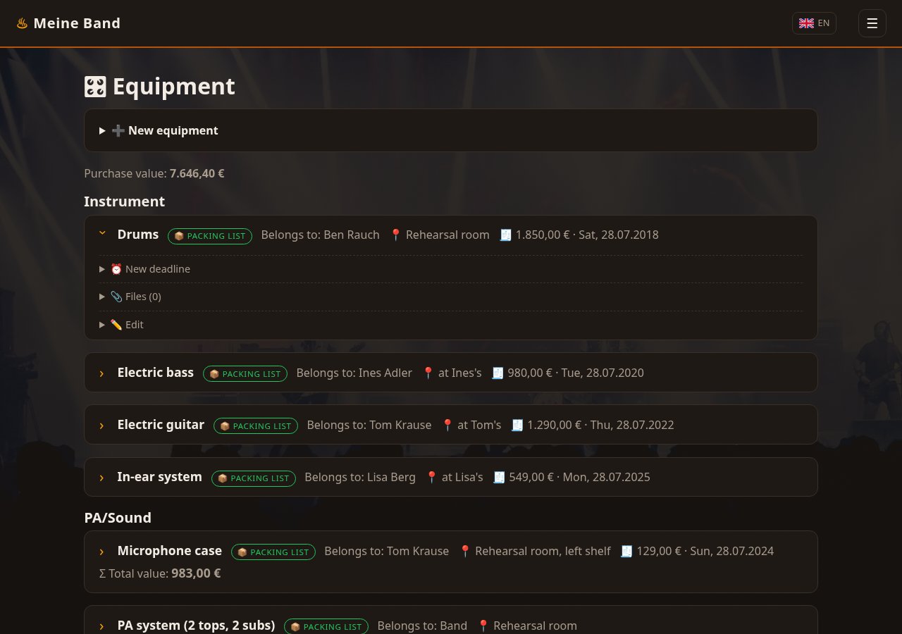 Equipmentliste mit verschachtelten Cases und Fristen