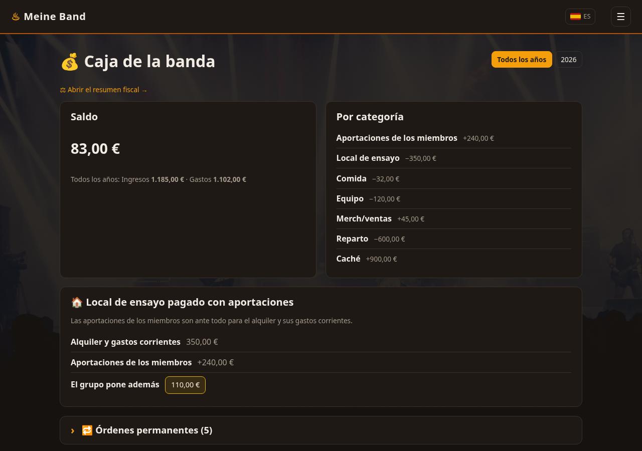 Caja del grupo con apuntes, órdenes periódicas y saldos