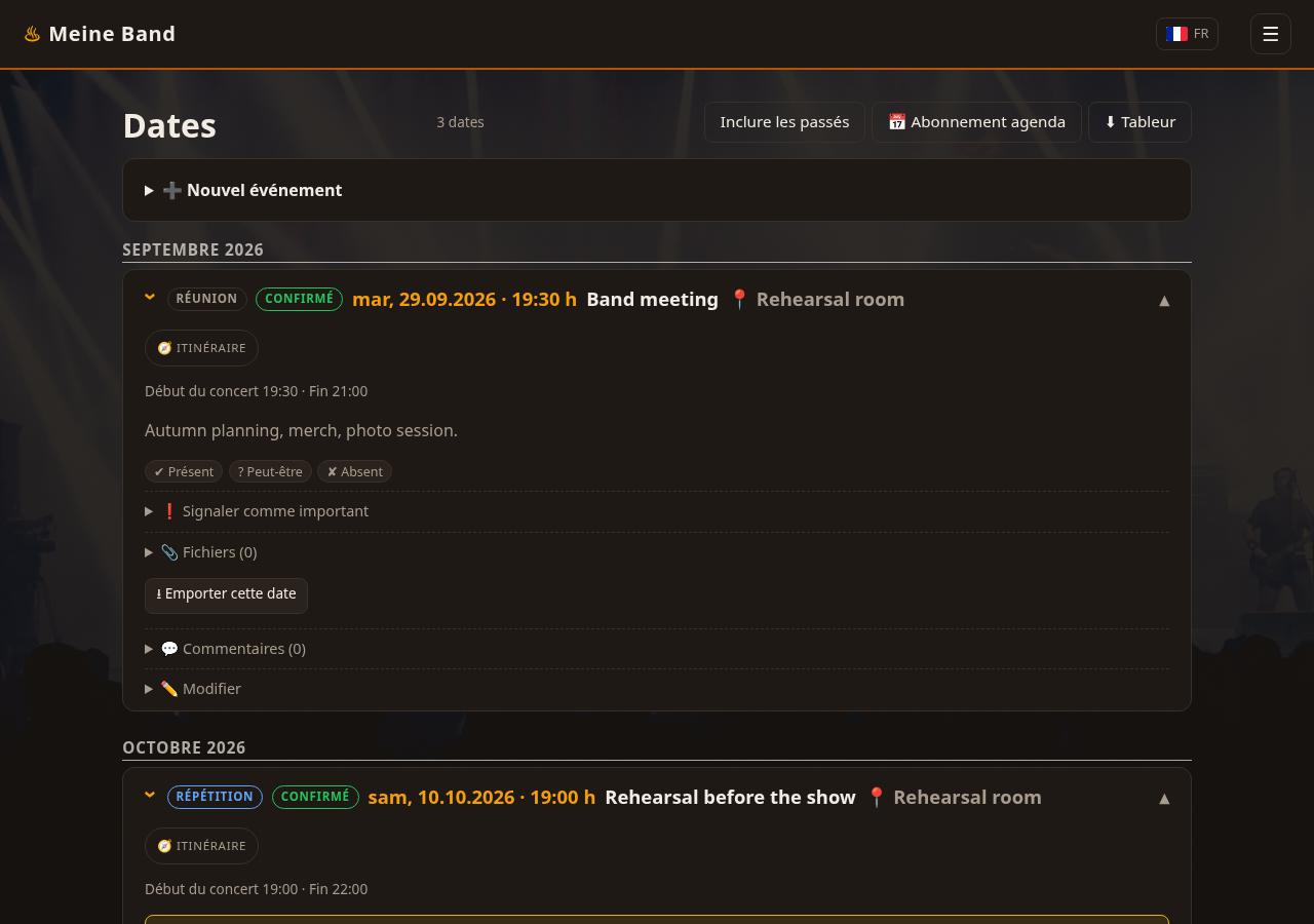 Vue des dates avec le sondage de disponibilité par membre