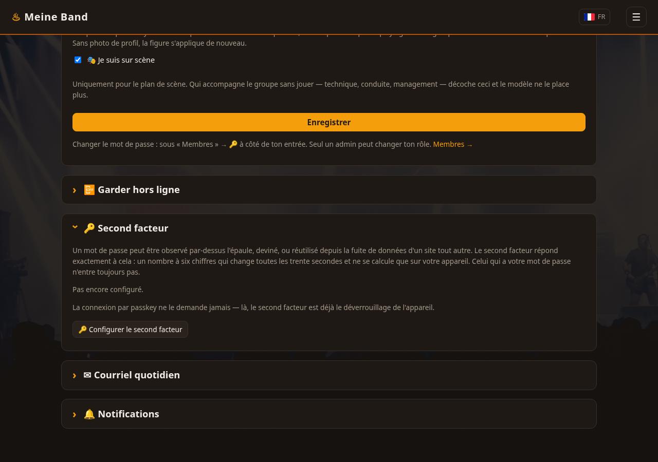 Section du profil pour le second facteur de connexion