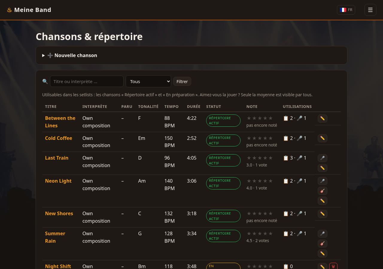 Liste de morceaux avec recherche, filtre de statut, compteur live et note