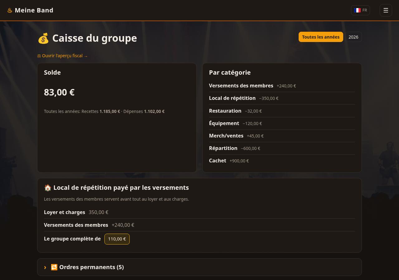 Caisse du groupe avec écritures, ordres permanents et soldes