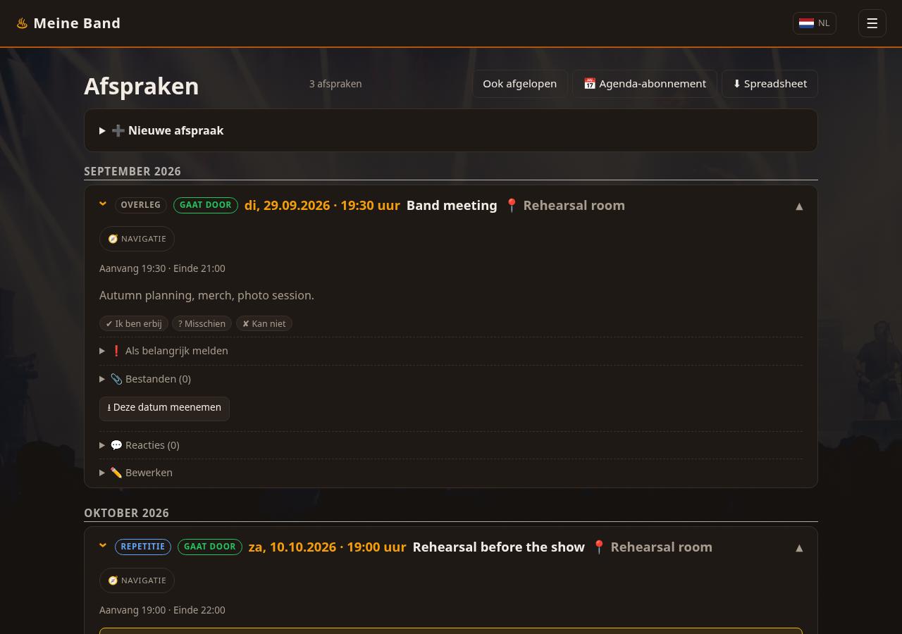 Overzicht van afspraken met beschikbaarheid per lid